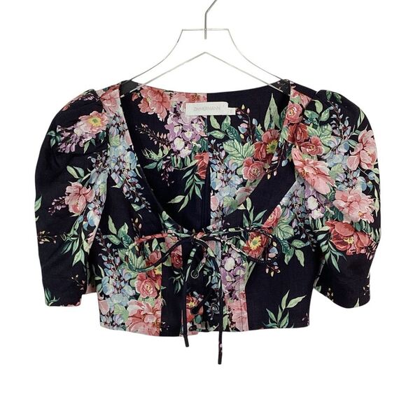 ZIMMERMANN Size 0 Bellitude Cropped Lace-up Floral Print Linen Top Shirt Blouse - Picture 4 of 12
